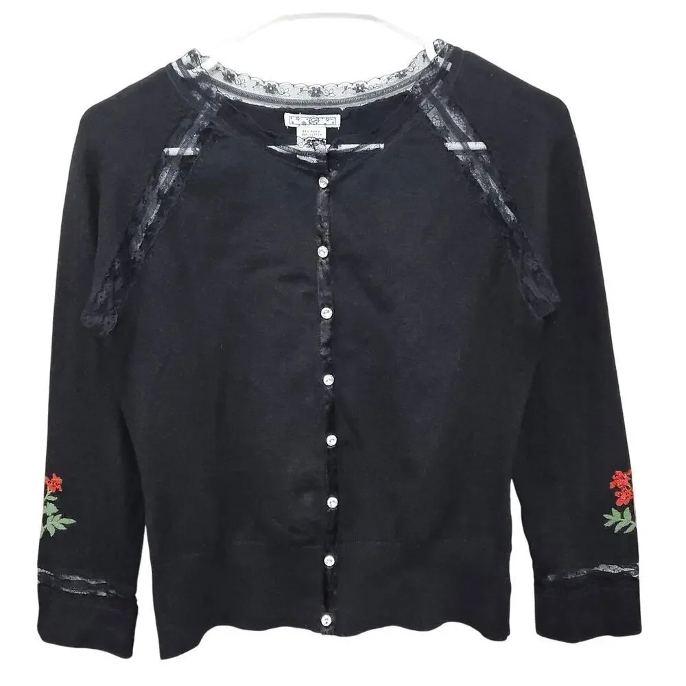 Black Floral Cardigan Sweater Lace Trim Beaded Diamond Buttons 3/4 Sleeves Sz M - Picture 3 of 6
